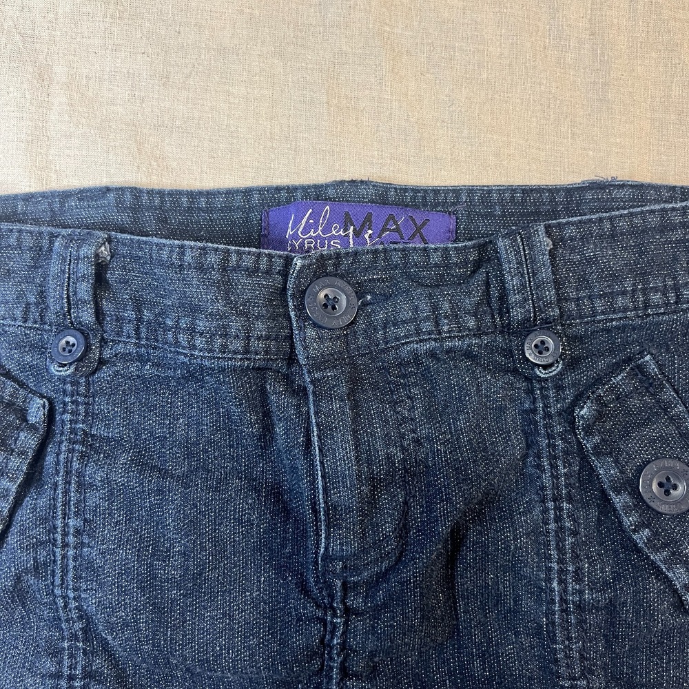 Miley Cyrus Max Azria Denim Mini Skirt Junior 7 Y2K 2000s Ruched Micro Utility - Picture 2 of 8
